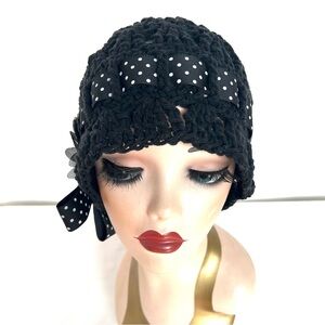 Black Crochet Cloche Hat with Polka Dot Bow